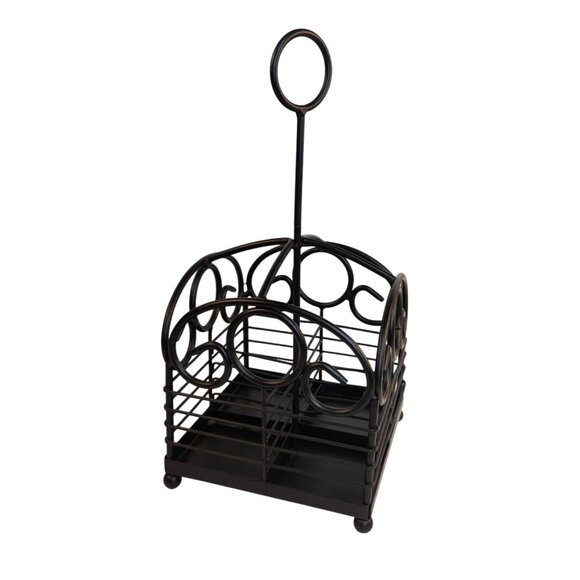 Black Wrought Iron Utensil and Condiment Holder Rustic Scroll Design Caddy with - Picture 1 of 5